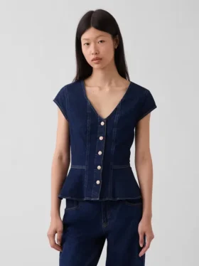 Haut ajusté en denim à manches courtes et bas à basque