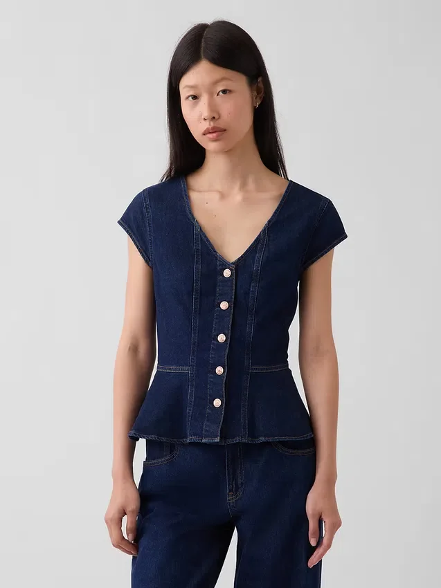 Haut ajusté en denim à manches courtes et bas à basque