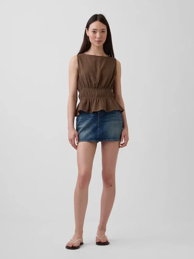 Haut à basque en gaze de coton smockée à la taille