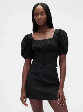 Haut corset court à manches bouffantes en mélange de lin