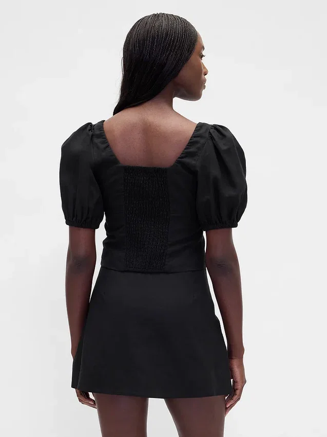 Haut corset court à manches bouffantes en mélange de lin