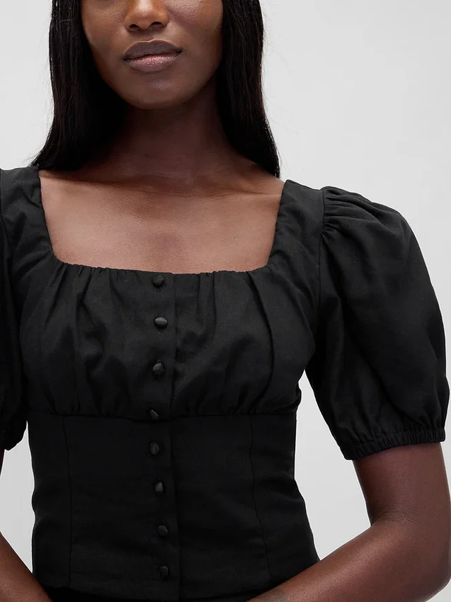 Haut corset court à manches bouffantes en mélange de lin