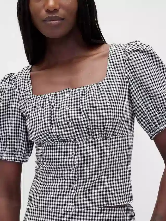 Haut corset court à manches bouffantes en mélange de lin