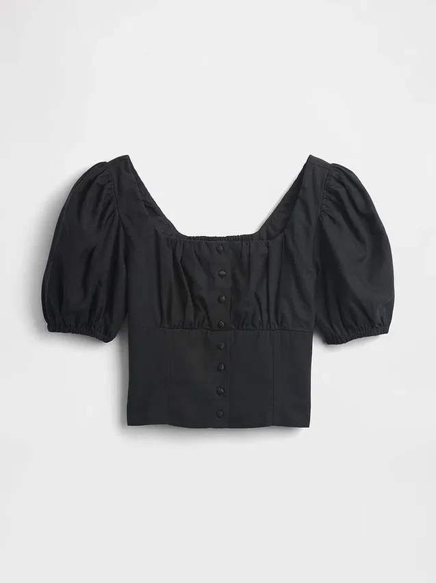 Haut corset court à manches bouffantes en mélange de lin