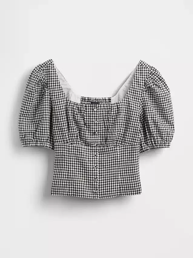 Haut corset court à manches bouffantes en mélange de lin