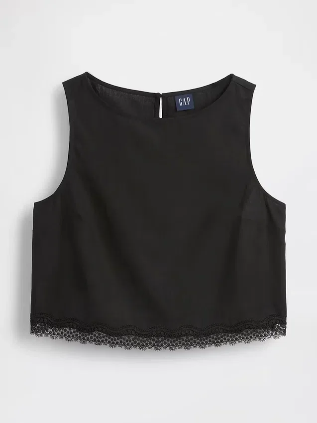 Haut court à ourlet en dentelle en mélange de lin