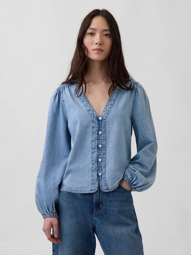Haut en denim à manches bouffantes