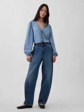 Haut en denim à manches bouffantes
