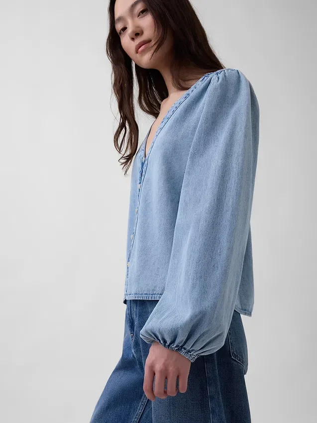 Haut en denim à manches bouffantes