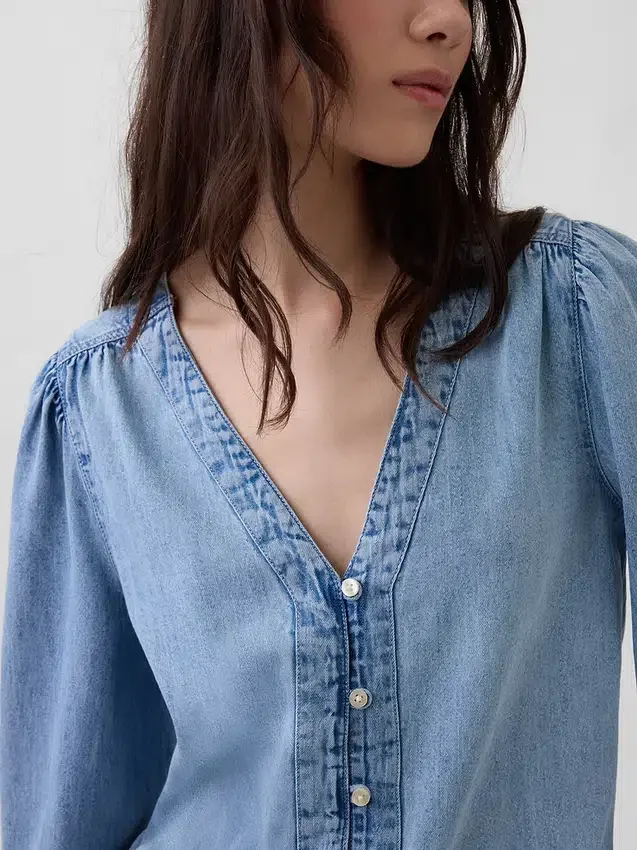 Haut en denim à manches bouffantes