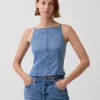 Haut en denim ultra-doux à encolure carrée et coutures apparentes
