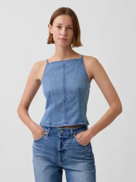Haut en denim ultra-doux à encolure carrée et coutures apparentes