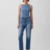 Haut en denim ultra-doux à encolure carrée et coutures apparentes