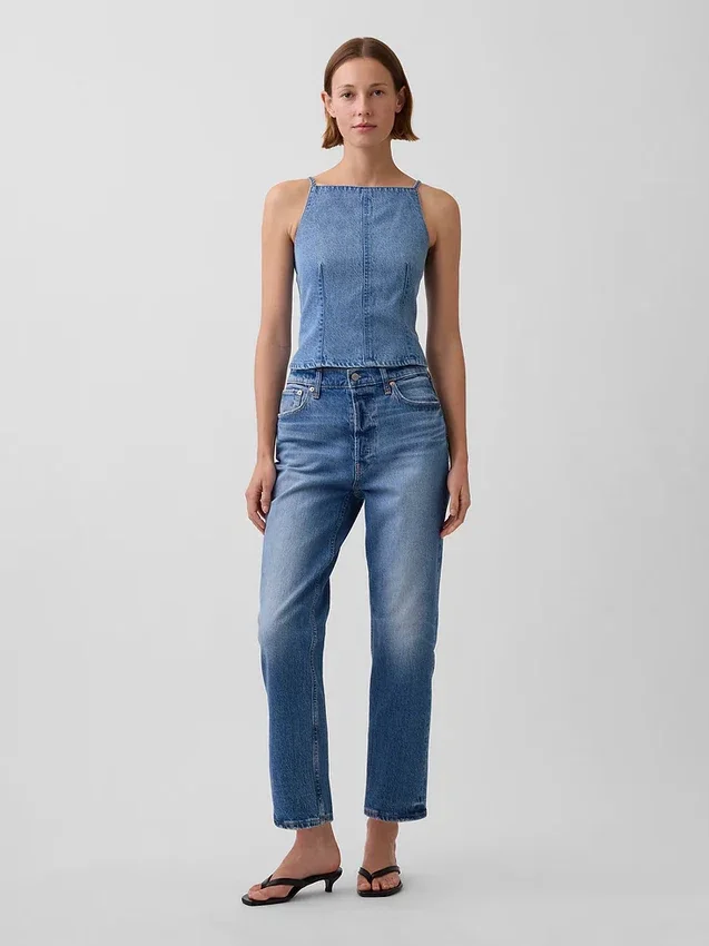 Haut en denim ultra-doux à encolure carrée et coutures apparentes