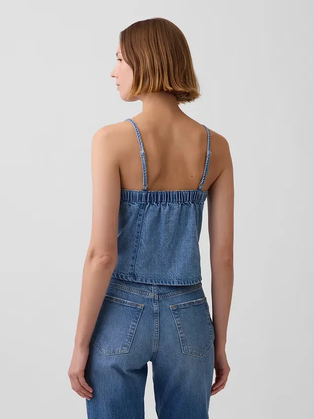 Haut en denim ultra-doux à encolure carrée et coutures apparentes