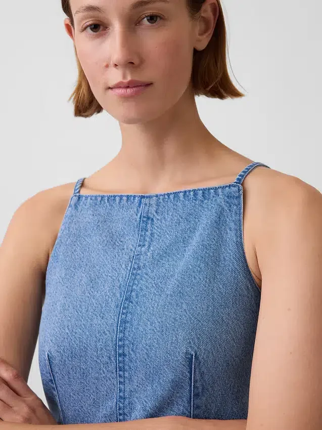 Haut en denim ultra-doux à encolure carrée et coutures apparentes