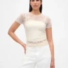 Haut en maille de nylon extensible et douce avec dentelle florale