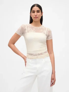 Haut en maille de nylon extensible et douce avec dentelle florale