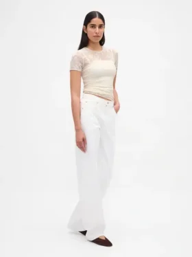 Haut en maille de nylon extensible et douce avec dentelle florale