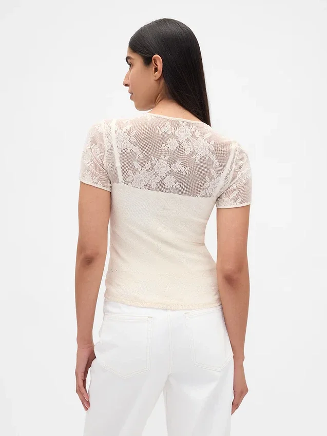 Haut en maille de nylon extensible et douce avec dentelle florale