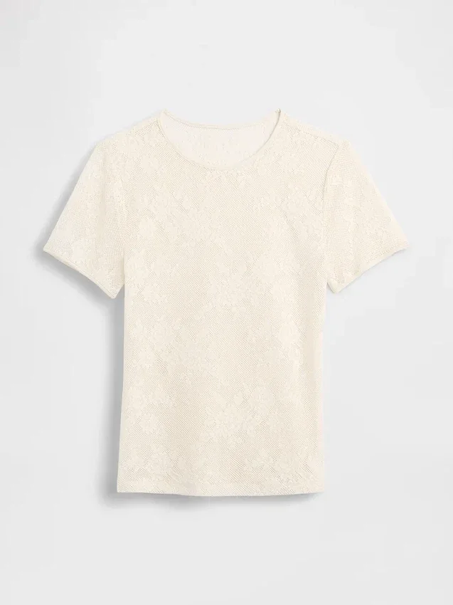 Haut en maille de nylon extensible et douce avec dentelle florale