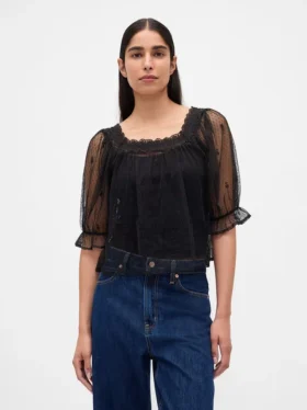 Haut en tulle transparent brodé