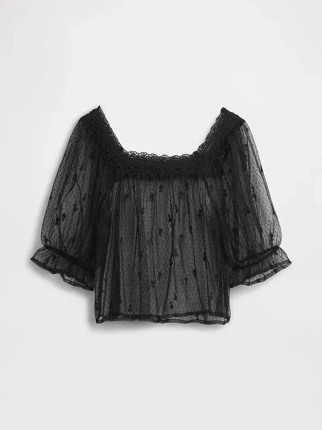 Haut en tulle transparent brodé