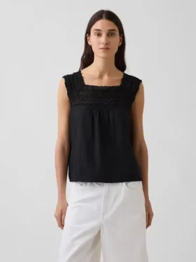 Haut à encolure carrée en crochet et mélange de lin