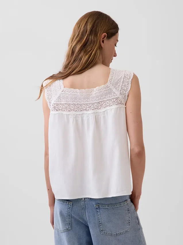 Haut à encolure carrée en crochet et mélange de lin