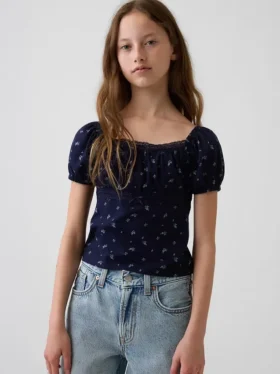 Haut à manches bouffantes et bordures en dentelle pour enfants