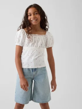 Haut à manches bouffantes et bordures en dentelle pour enfants