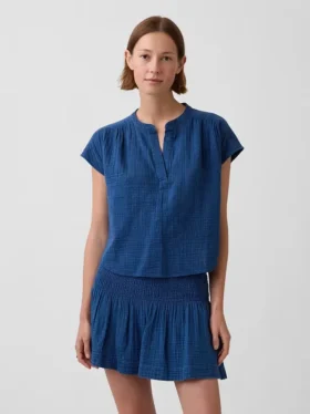 Haut oversize en denim de gaze de coton à encolure fendue