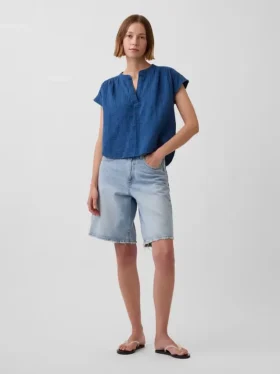 Haut oversize en denim de gaze de coton à encolure fendue