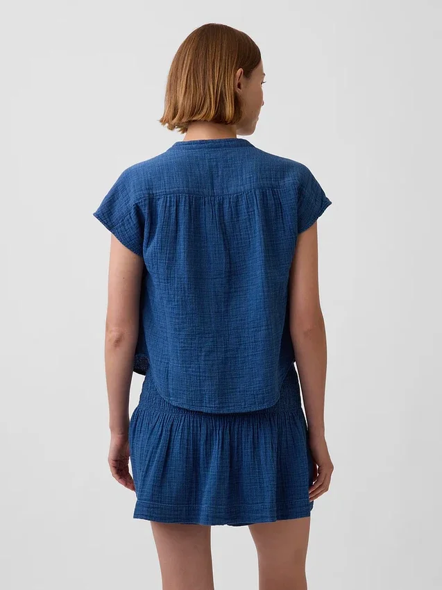 Haut oversize en denim de gaze de coton à encolure fendue