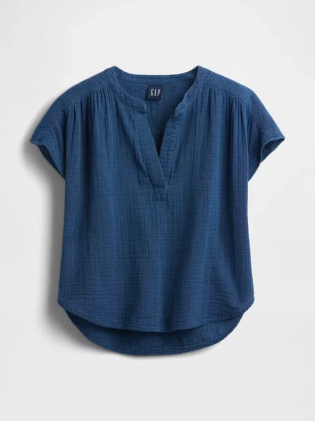 Haut oversize en denim de gaze de coton à encolure fendue