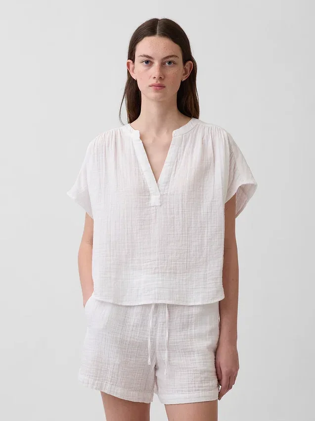 Haut oversize à encolure fendue en gaze de coton