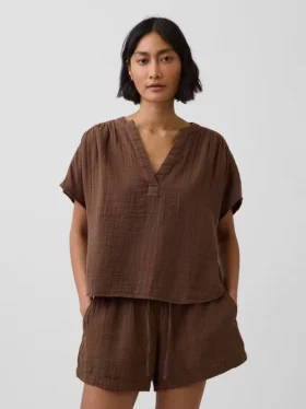 Haut oversize à encolure fendue en gaze de coton