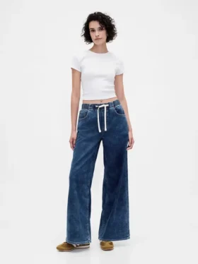 Jeans baggy en denim tricoté à taille mi-haute