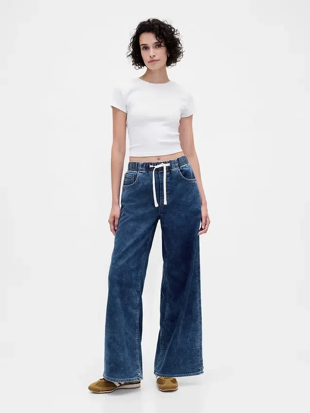 Jeans baggy en denim tricoté à taille mi-haute
