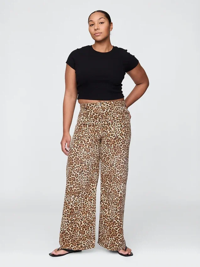 Jeans baggy léopard ultra-doux à taille mi-haute