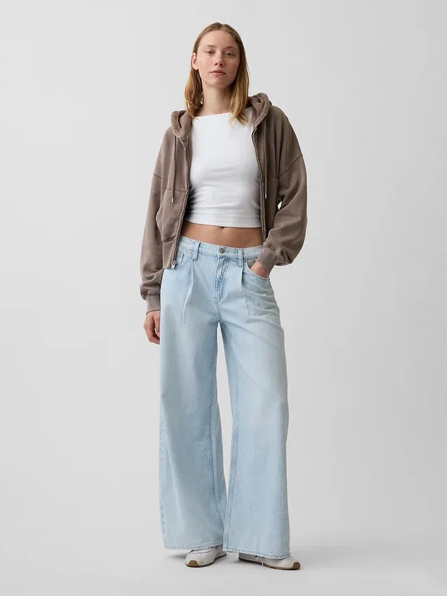 Jeans baggy plissé ultra-doux à taille mi-haute