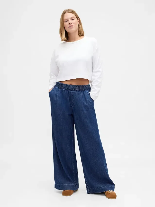 Jeans baggy plissé ultra-doux à taille mi-haute