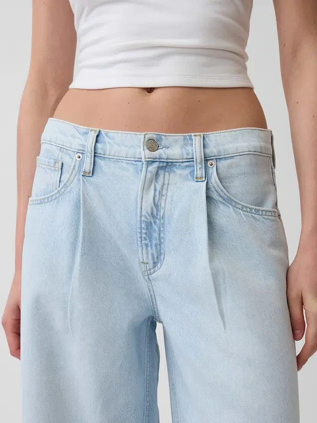 Jeans baggy plissé ultra-doux à taille mi-haute