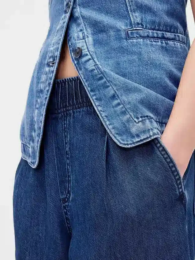Jeans baggy plissé ultra-doux à taille mi-haute