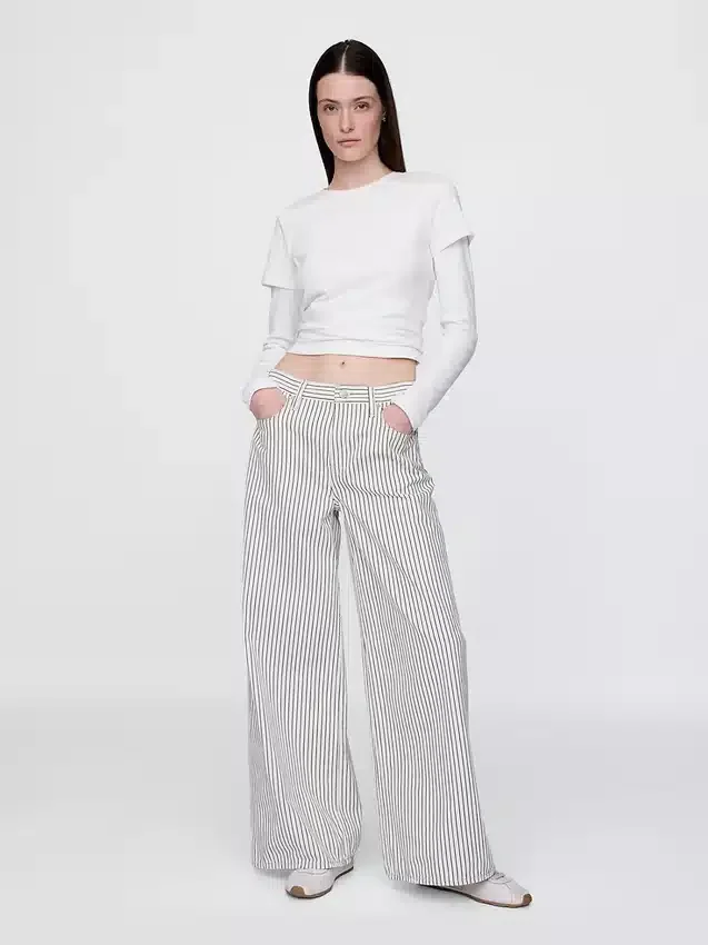 Jeans baggy à rayures en denim, taille mi-haute