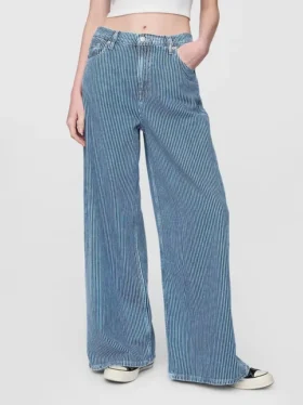 Jeans baggy à rayures en denim ultra-doux, taille mi-haute