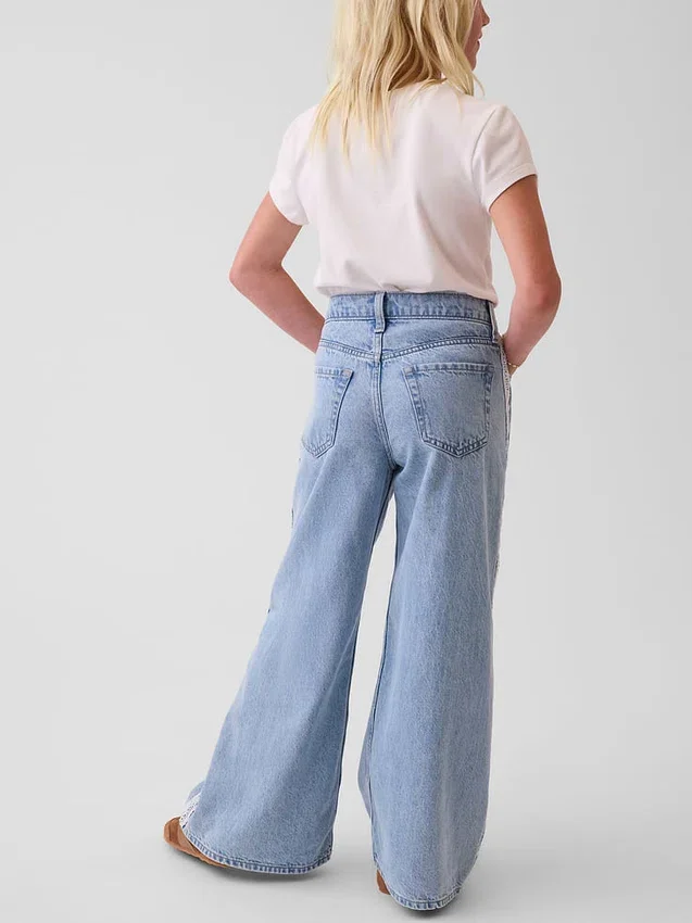 Jeans baggy taille basse à bordure en dentelle pour enfant