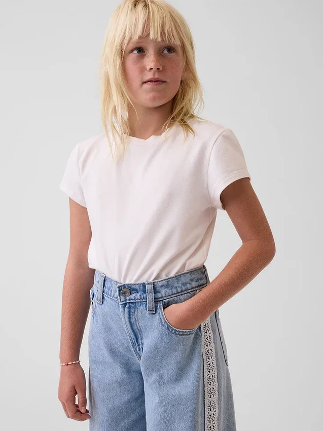 Jeans baggy taille basse à bordure en dentelle pour enfant