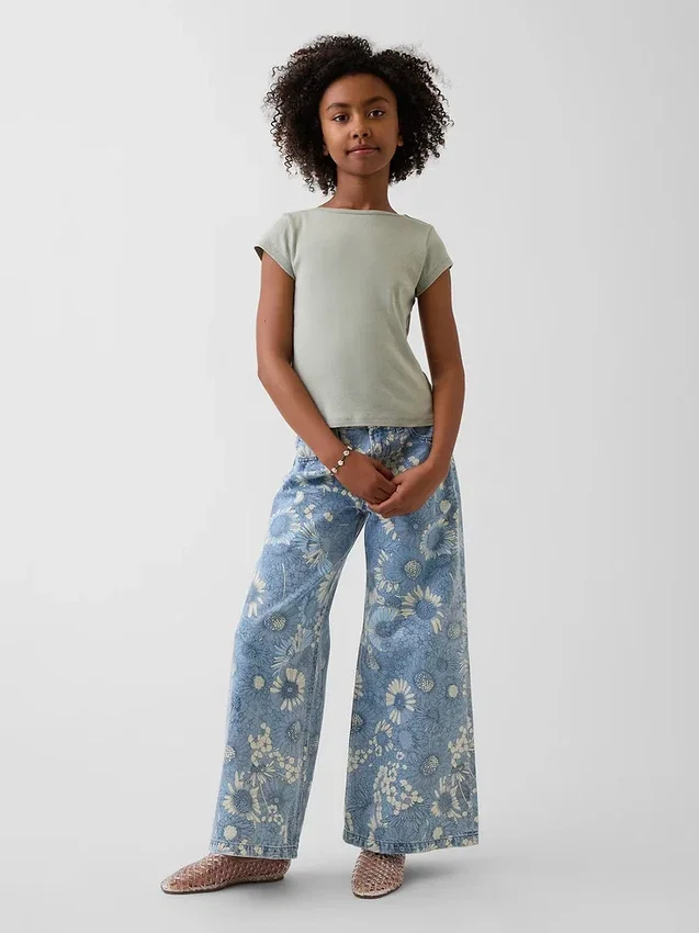 Jeans baggy à taille basse et imprimé floral pour enfants