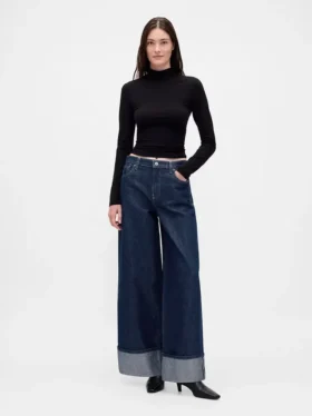 Jeans baggy à taille mi-haute et revers métallisés